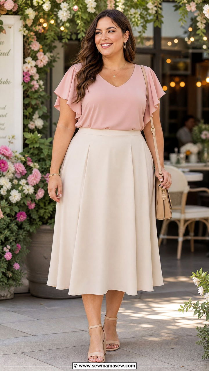 Plus Size Flutter Sleeve Top With Midi Skirt - 20 plus size flutter sleeve top outfit ideas