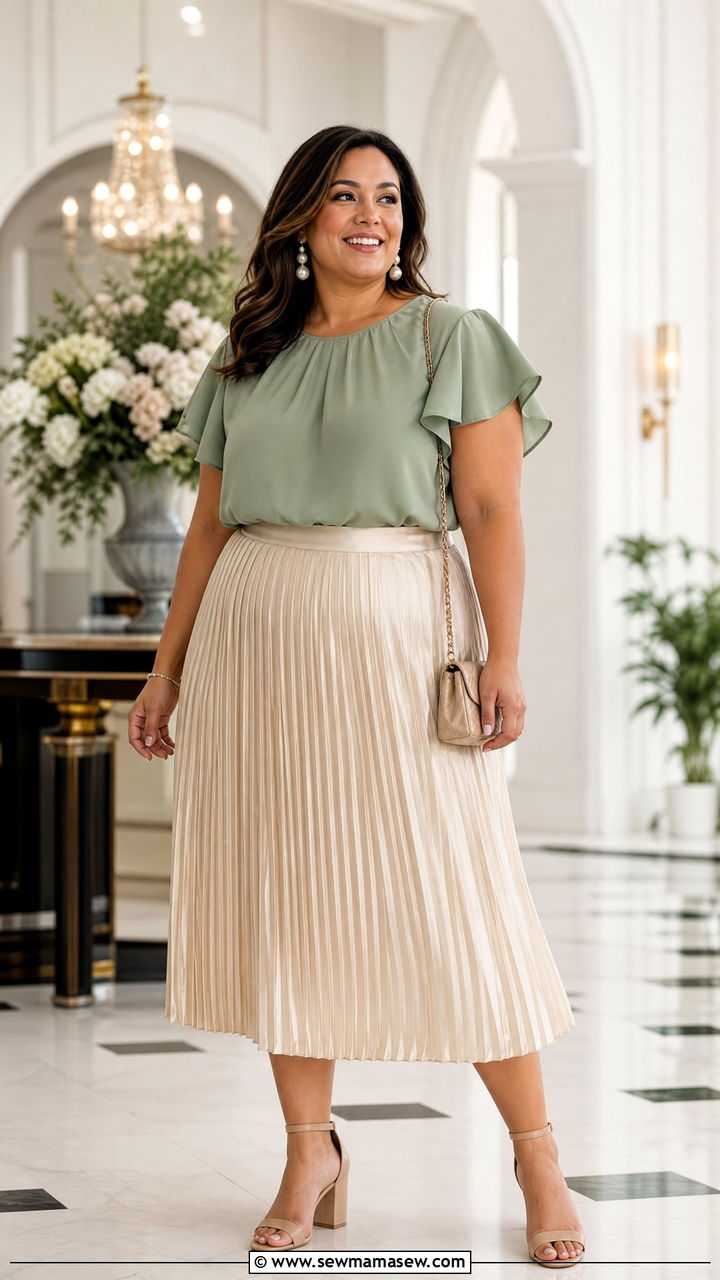 Plus Size Flutter Sleeve Top With Pleated Skirt - 20 plus size flutter sleeve top outfit ideas