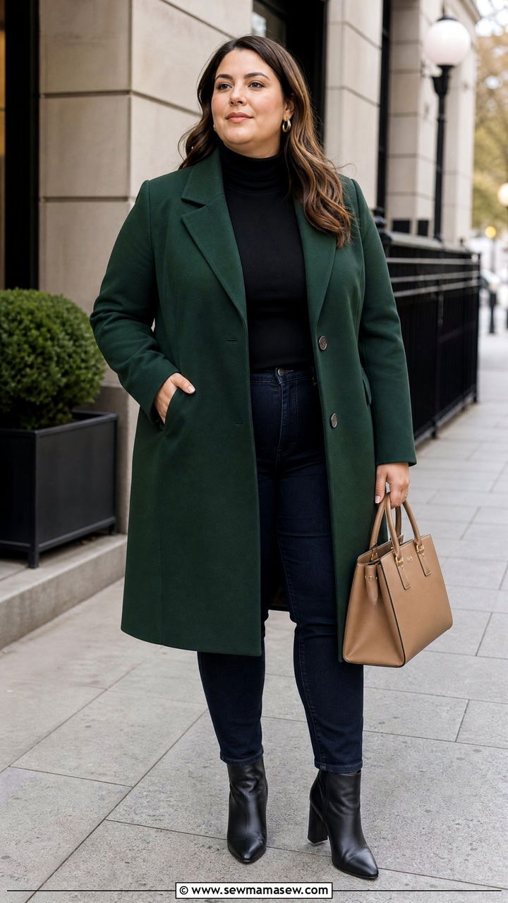Plus Size Forest Green Coat Outfit - 20 plus size jewel tone outfit ideas