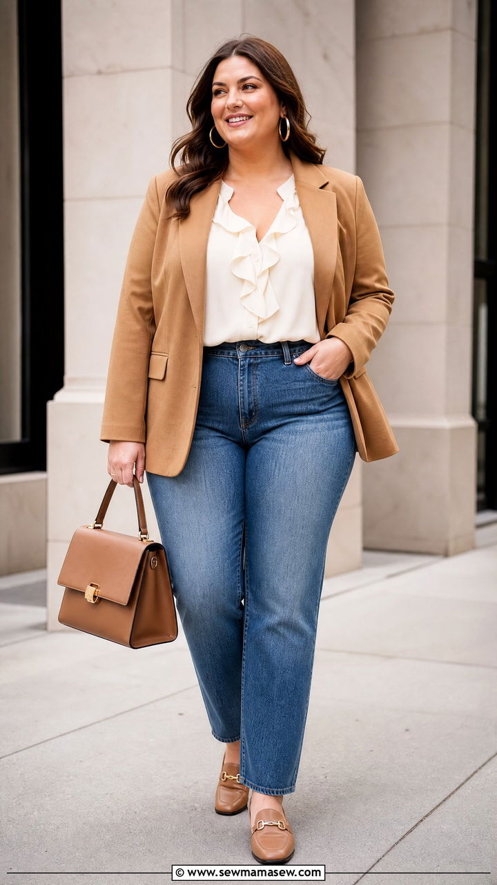 Plus Size Frill Top With Blazer And Jeans - 20 plus size frill top outfit ideas