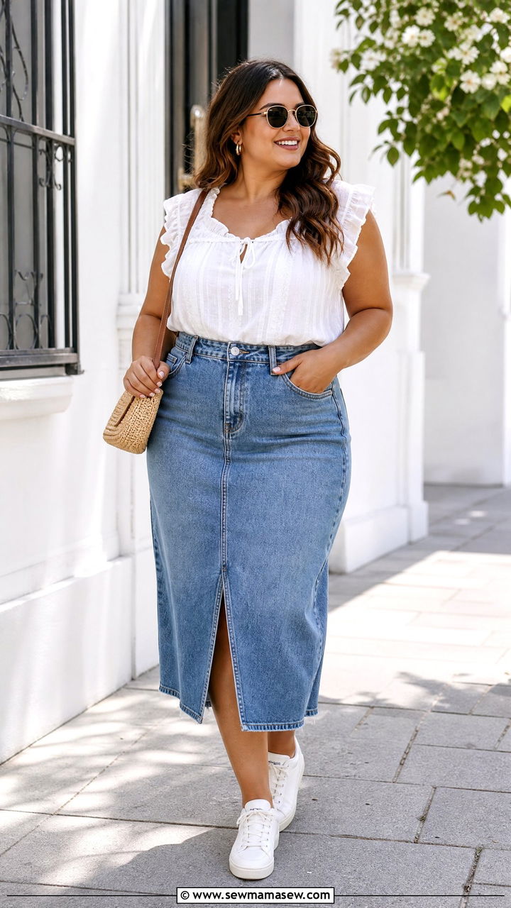 Plus Size Frill Top With Denim Skirt - 20 plus size frill top outfit ideas