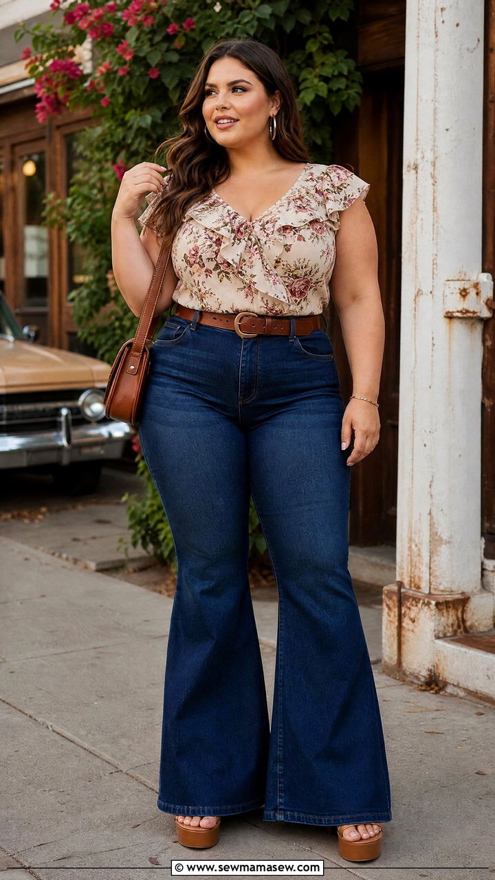 Plus Size Frill Top With Flared Jeans - 20 plus size frill top outfit ideas