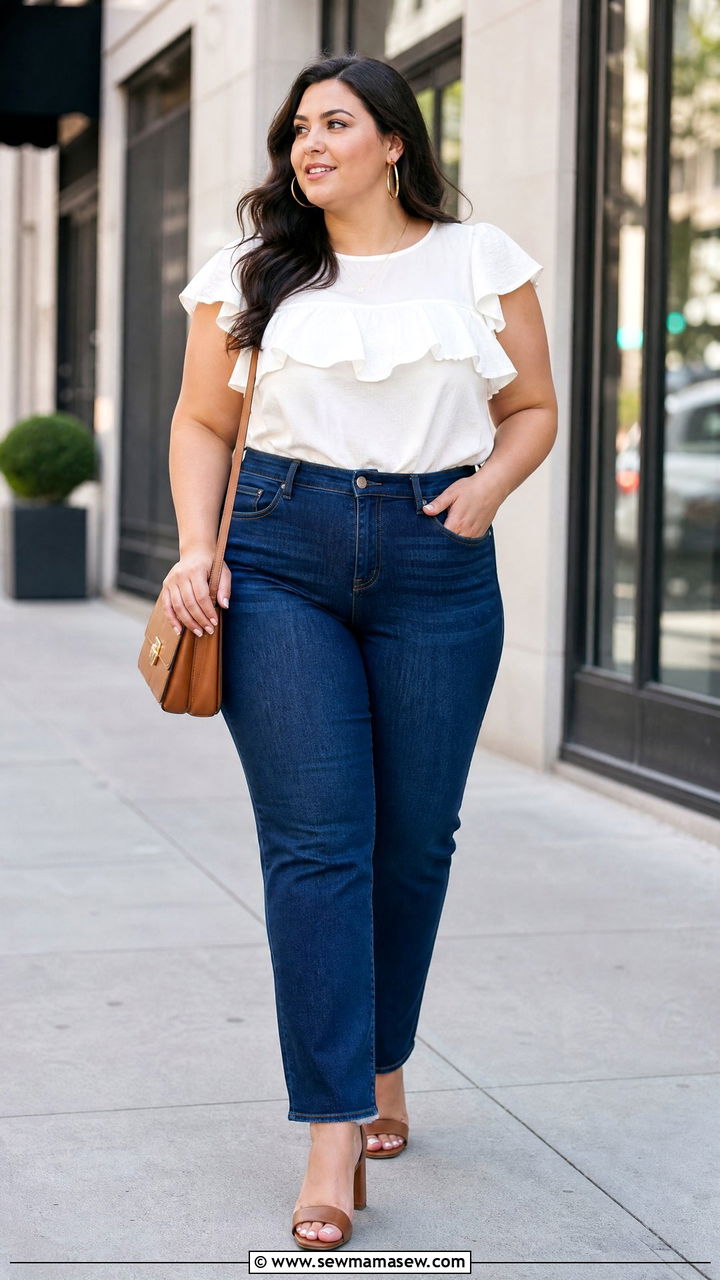 Plus Size Frill Top With High Waisted Jeans - 20 plus size frill top outfit ideas