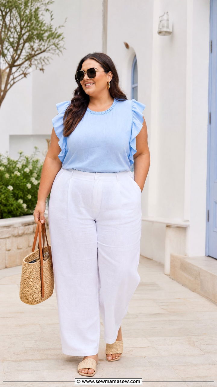 Plus Size Frill Top With Linen Pants - 20 plus size frill top outfit ideas