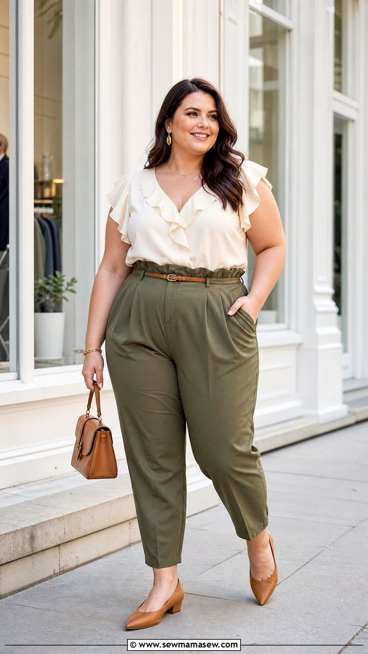 Plus Size Frill Top With Paperbag Pants - 20 plus size frill top outfit ideas
