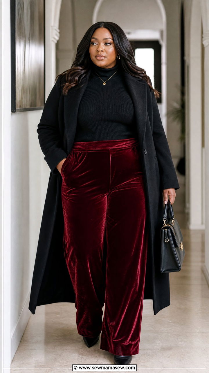 Plus Size Garnet Velvet Pants Outfit - 20 plus size jewel tone outfit ideas