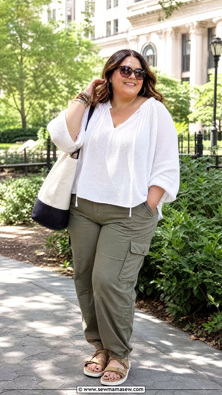 Plus Size Gauze Boho Top With Cargo Pants - 20 plus size boho top outfit ideas