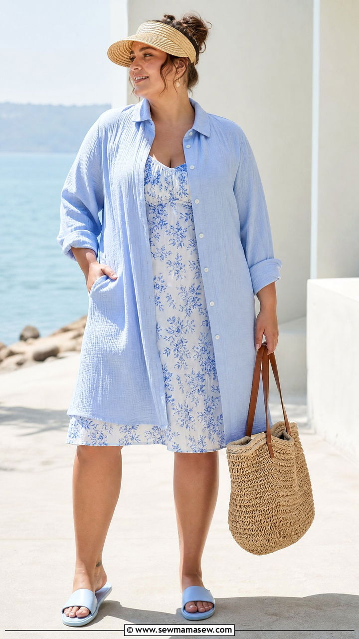 Plus Size Gauze Shirt Dress With Swimsuit - 20 plus size beach summer outfit ideas