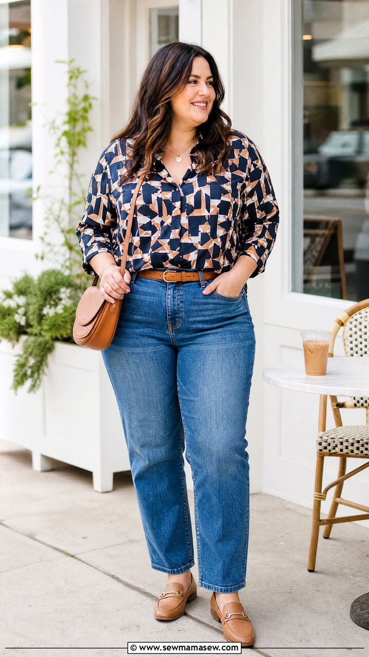 Plus Size Geometric Print Blouse With Straight Leg Jeans - 20 plus size geometric print top outfit ideas