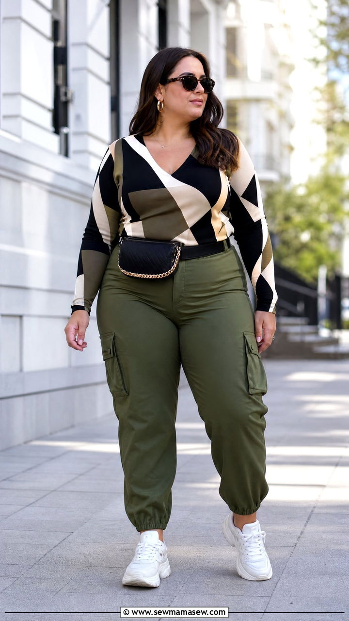 Plus Size Geometric Print Top With Cargo Pants - 20 plus size geometric print top outfit ideas