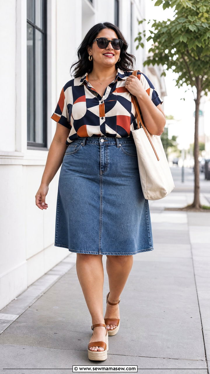 Plus Size Geometric Print Top With Denim Skirt - 20 plus size geometric print top outfit ideas