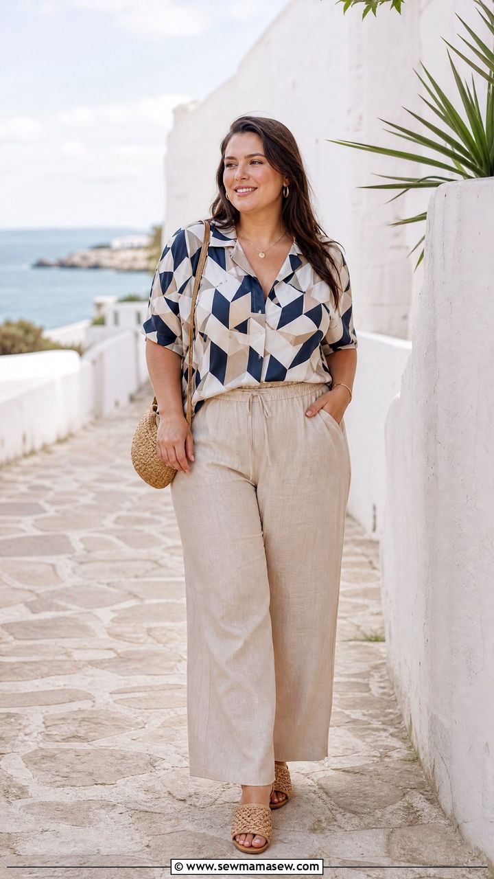 Plus Size Geometric Print Top With Linen Pants - 20 plus size geometric print top outfit ideas