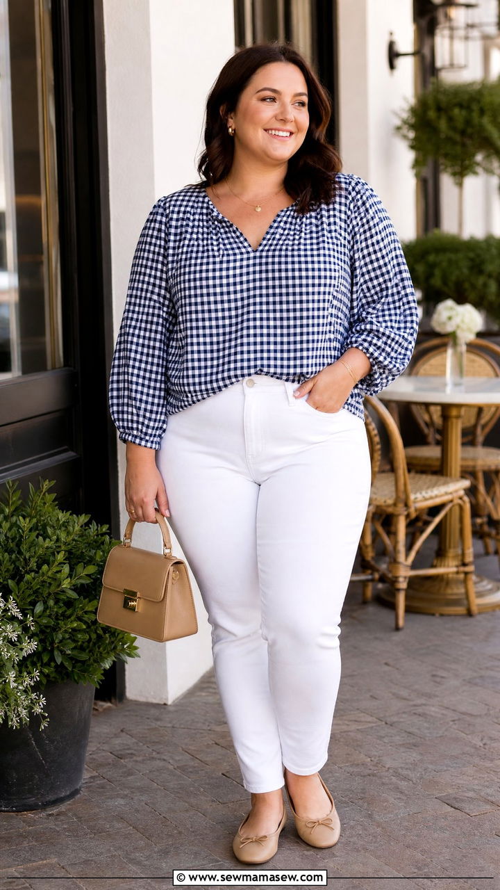 Plus Size Gingham Blouse Outfit - 20 plus size preppy top outfit ideas
