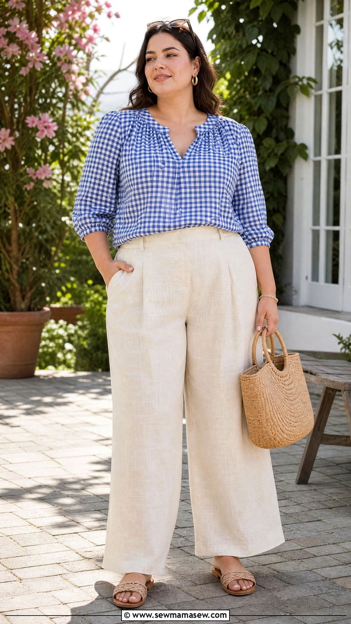 Plus Size Gingham Blouse With Linen Pants - 20 plus size printed blouse outfit ideas