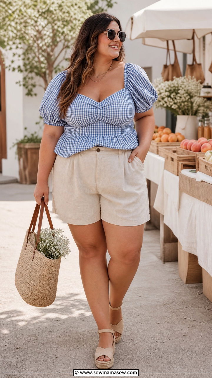 Plus Size Gingham Milkmaid Top With Linen Shorts - 20 plus size milkmaid top outfit ideas