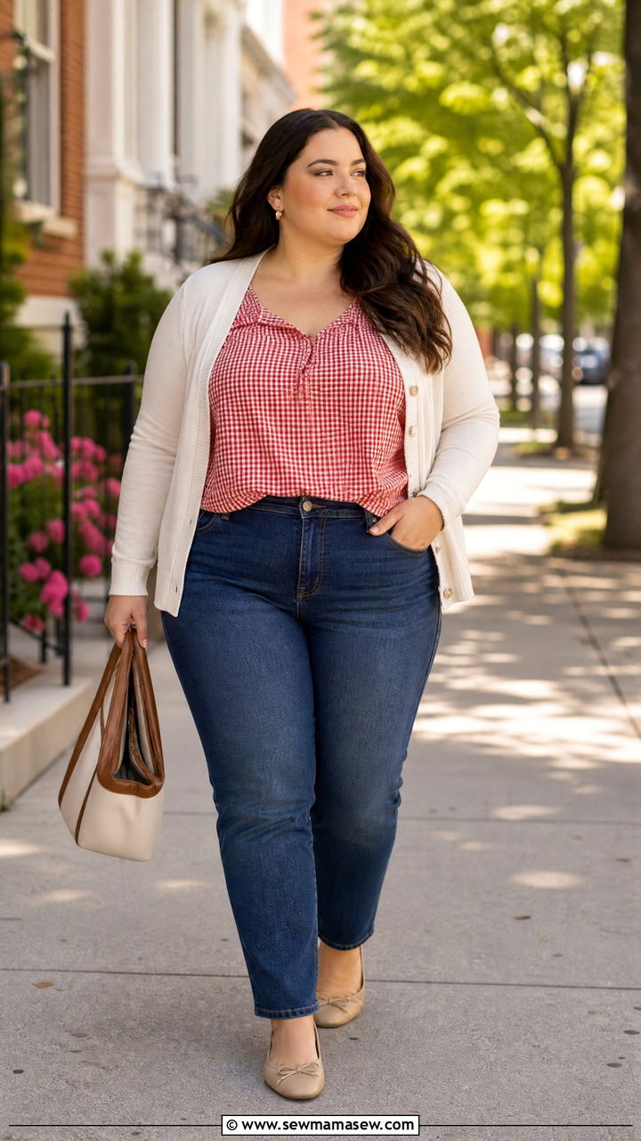 Plus Size Gingham Top With Cardigan - 20 plus size gingham top outfit ideas