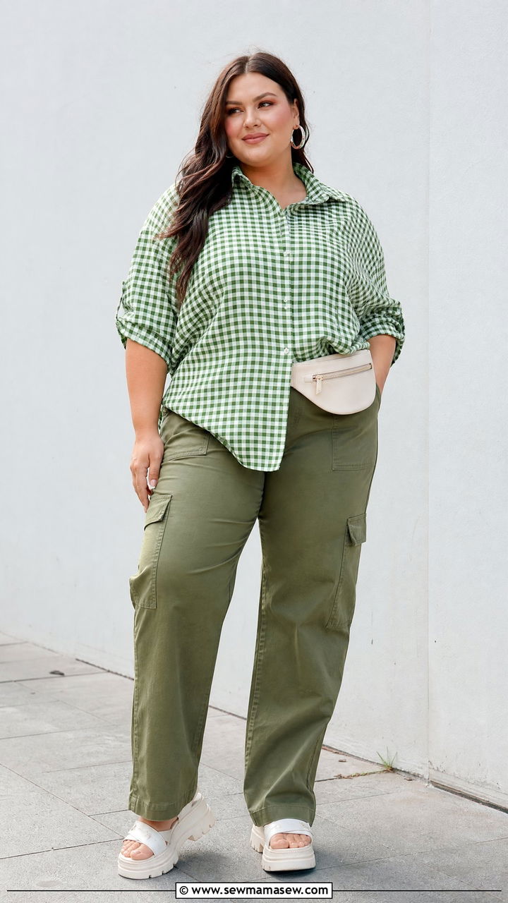 Plus Size Gingham Top With Cargo Pants - 20 plus size gingham top outfit ideas
