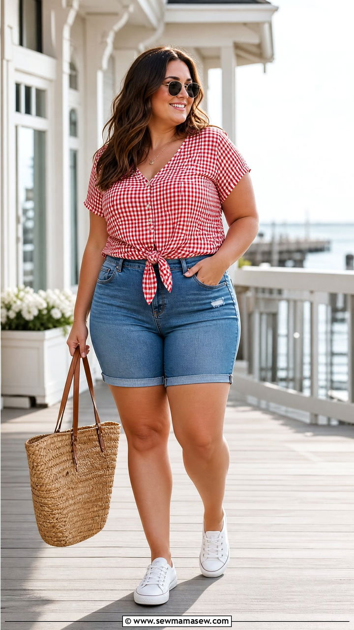 Plus Size Gingham Top With Denim Shorts - 20 plus size gingham top outfit ideas