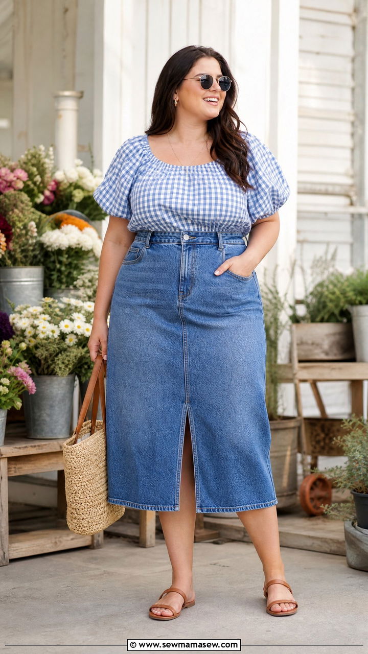Plus Size Gingham Top With Denim Skirt Outfit - 20 plus size cute summer tops outfit ideas