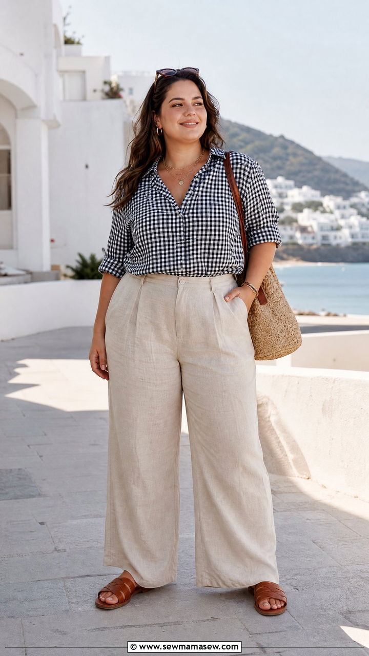 Plus Size Gingham Top With Linen Pants - 20 plus size gingham top outfit ideas