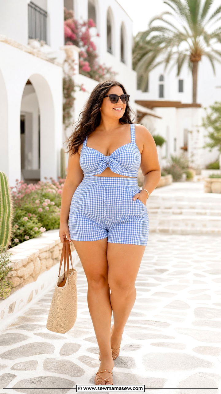 Plus Size Gingham Top With Matching Shorts - 20 plus size gingham top outfit ideas