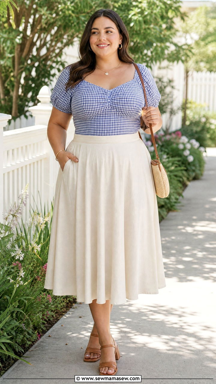 Plus Size Gingham Top With Midi Skirt - 20 plus size gingham top outfit ideas