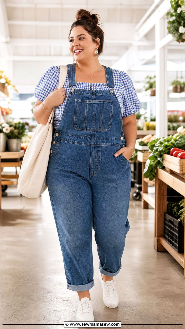 Plus Size Gingham Top With Overalls - 20 plus size gingham top outfit ideas
