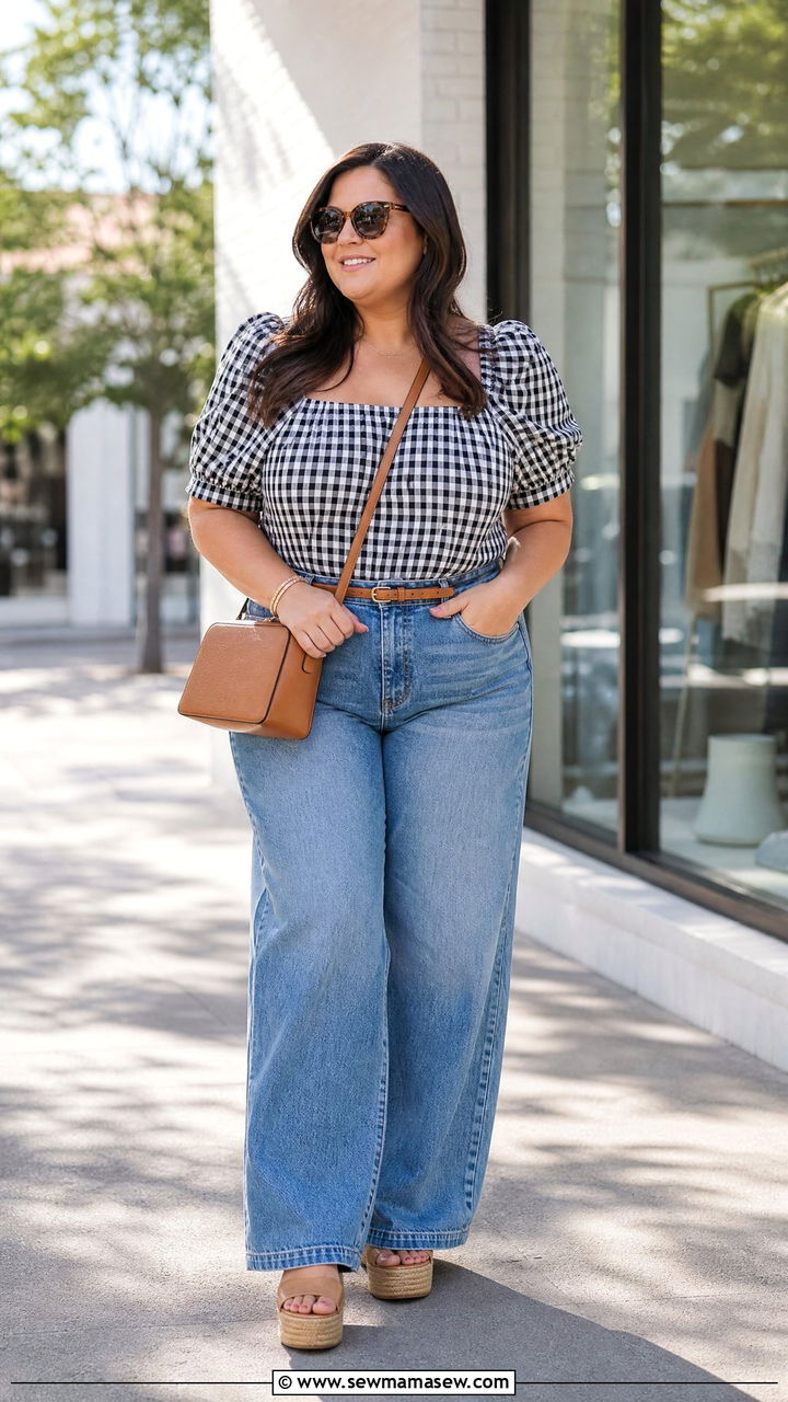 Plus Size Gingham Top With Wide Leg Jeans - 20 plus size gingham top outfit ideas