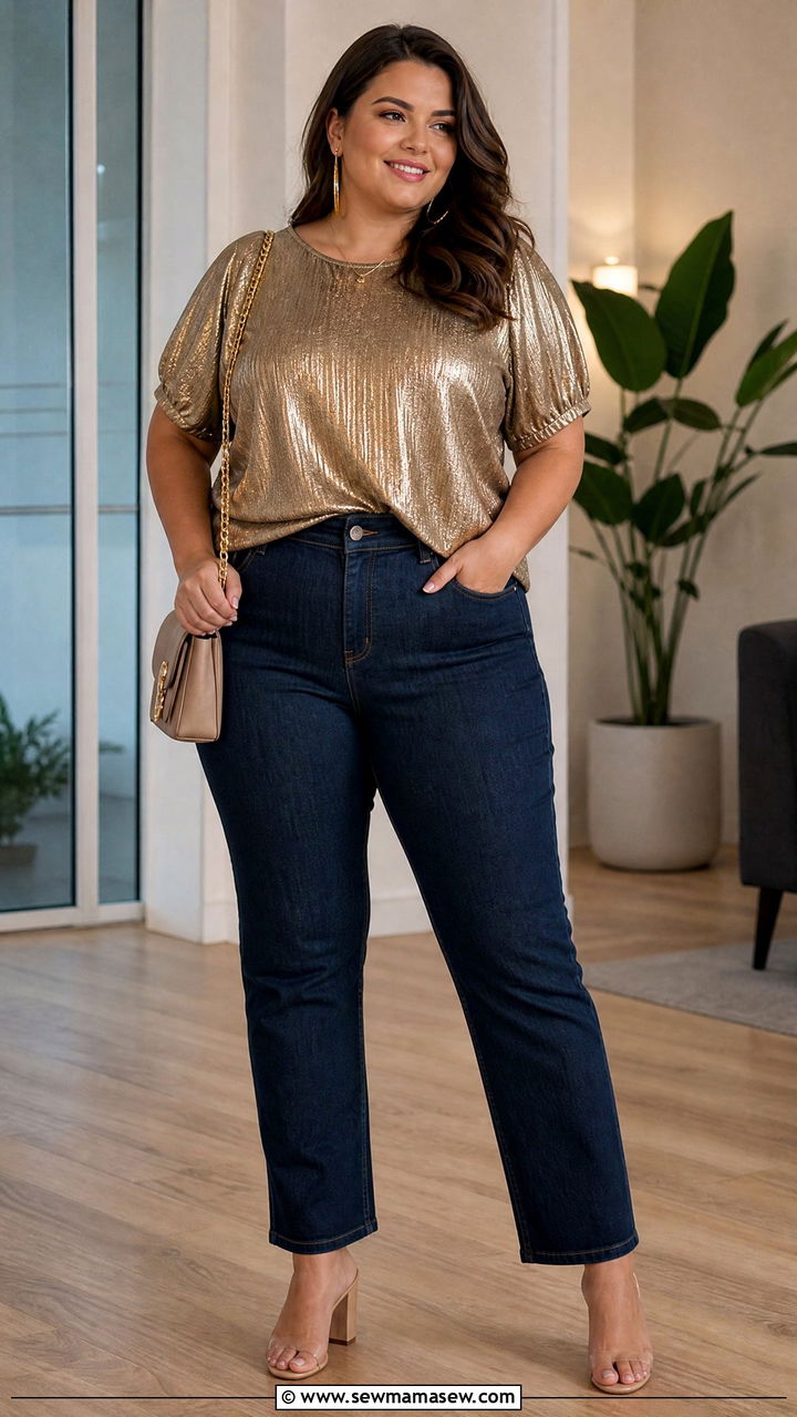 Plus Size Gold Metallic Top With Dark Wash Jeans - 20 plus size metallic top outfit ideas