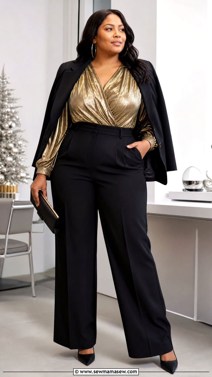 Plus Size Gold Top And Black Pants Outfit - 20 plus size holiday party outfit ideas