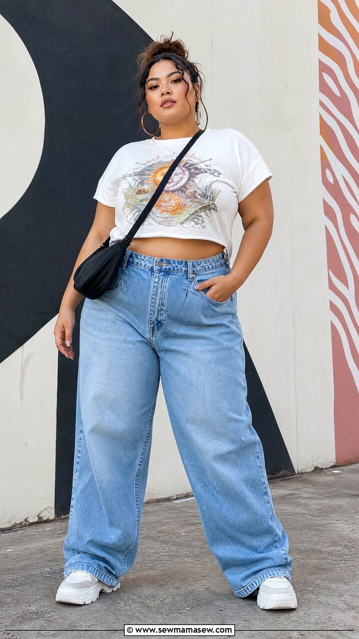 Plus Size Graphic Crop Top And High Waisted Baggy Jeans Outfit - 20 plus size crop top and high waisted jeans outfit ideas