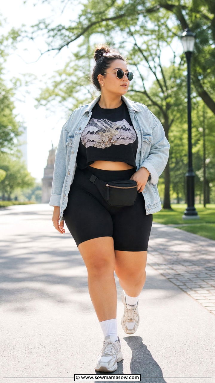 Plus Size Graphic Crop Top With Biker Shorts - 20 plus size graphic crop top outfit ideas