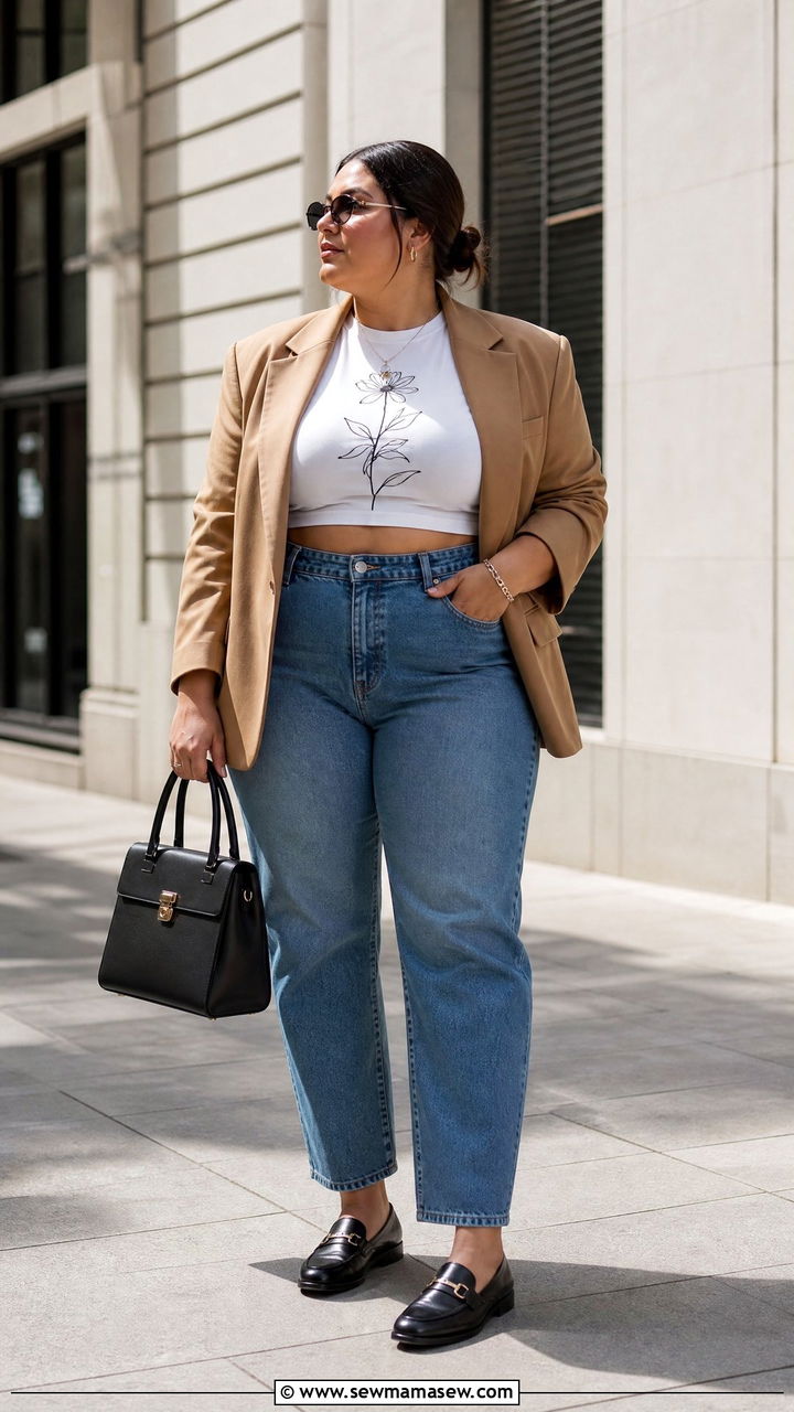 Plus Size Graphic Crop Top With Blazer - 20 plus size graphic crop top outfit ideas