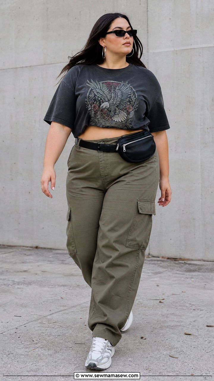 Plus Size Graphic Crop Top With Cargo Pants - 20 plus size graphic crop top outfit ideas