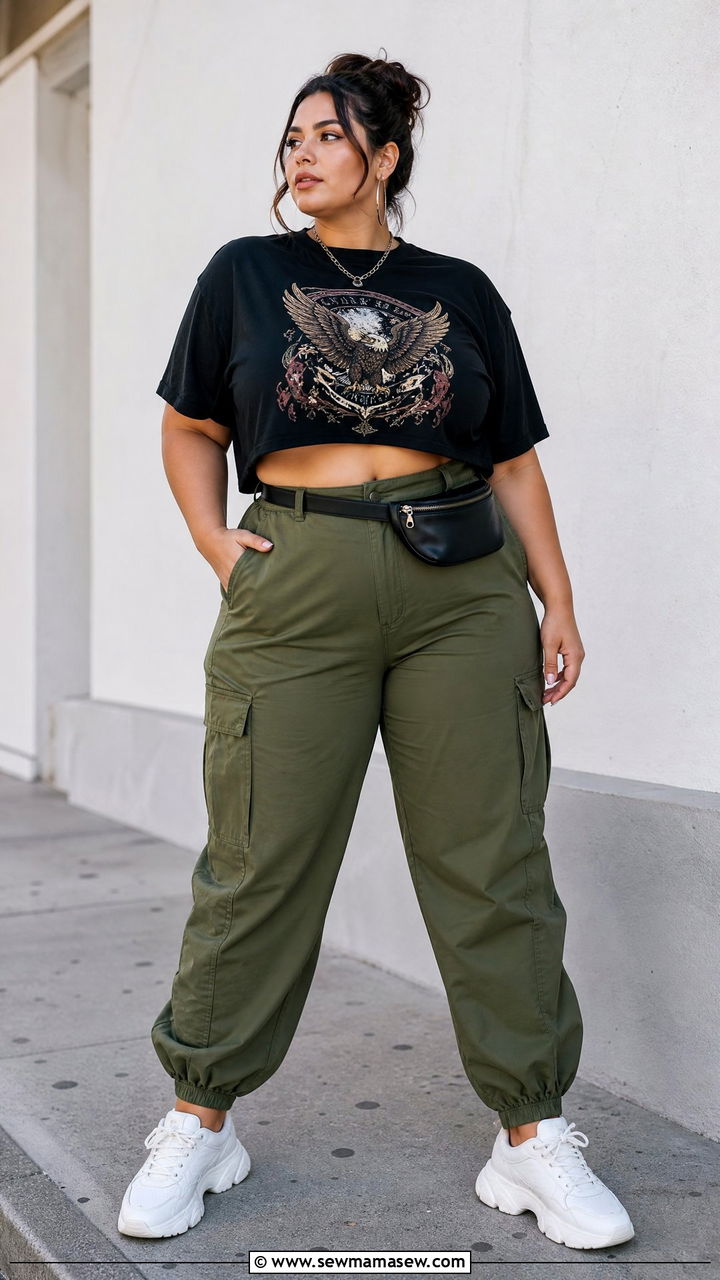 Plus Size Graphic Crop Top With Cargo Pants - 20 plus size casual crop top outfit ideas