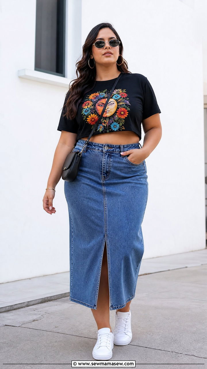 Plus Size Graphic Crop Top With Denim Skirt - 20 plus size graphic crop top outfit ideas