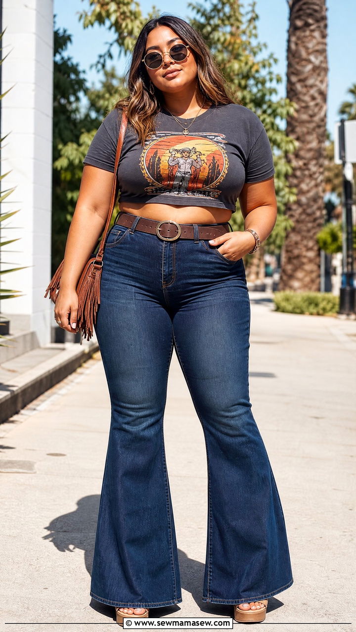Plus Size Graphic Crop Top With Flared Jeans - 20 plus size graphic crop top outfit ideas