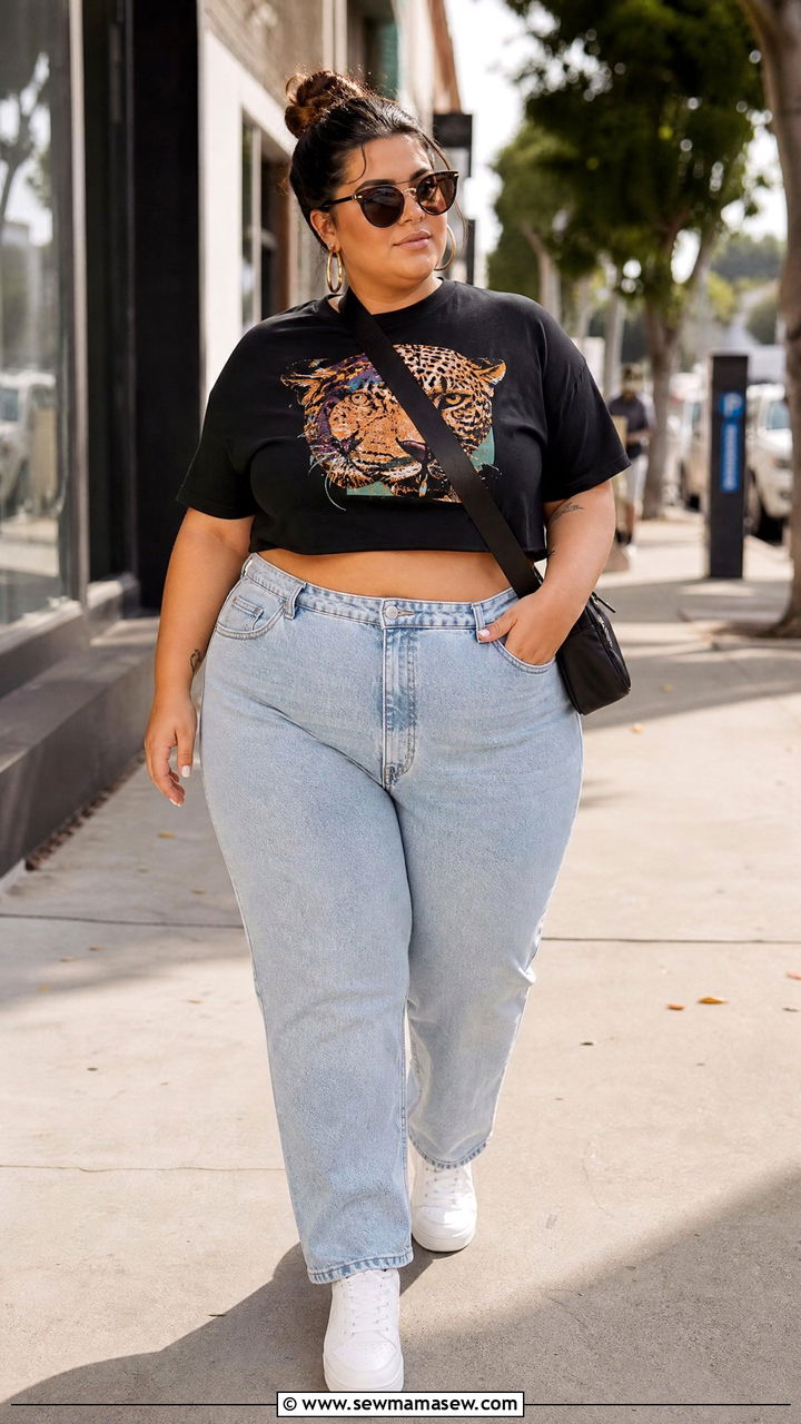 Plus Size Graphic Crop Top With High Waisted Jeans - 20 plus size graphic crop top outfit ideas