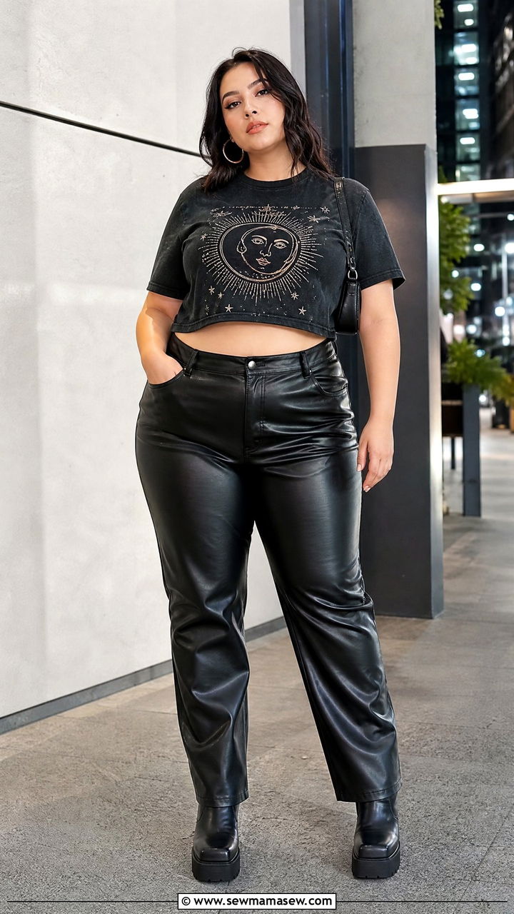 Plus Size Graphic Crop Top With Leather Pants - 20 plus size graphic crop top outfit ideas