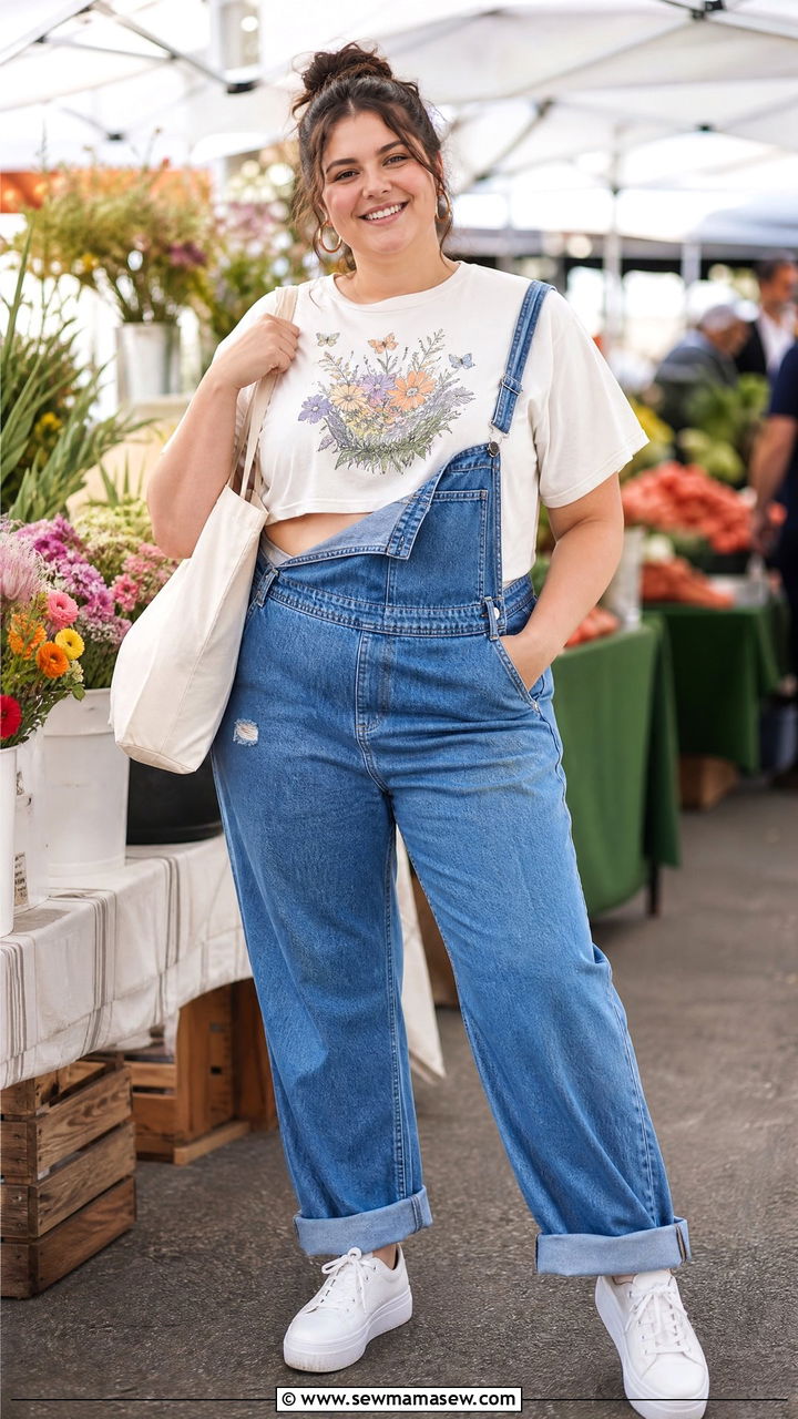 Plus Size Graphic Crop Top With Overalls - 20 plus size graphic crop top outfit ideas