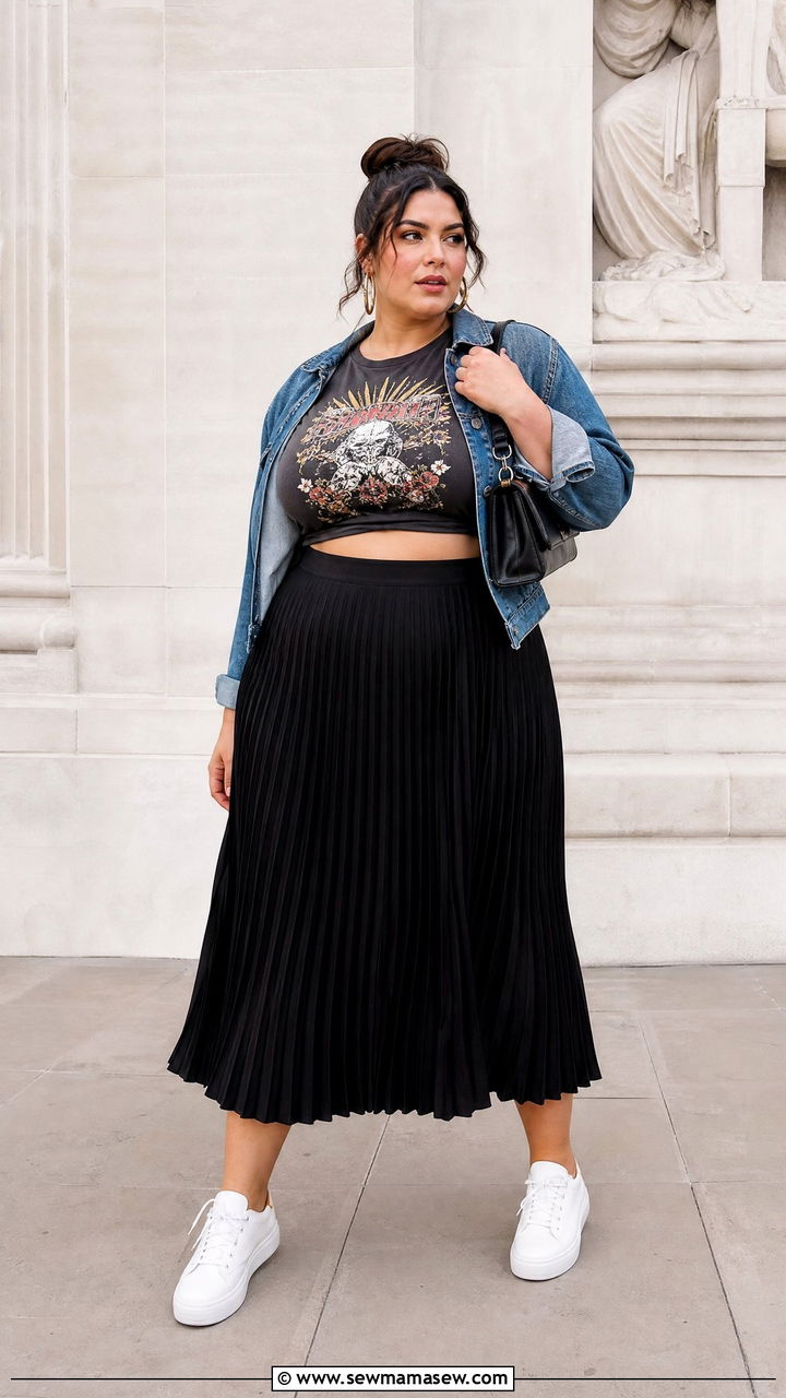Plus Size Graphic Crop Top With Pleated Skirt - 20 plus size graphic crop top outfit ideas