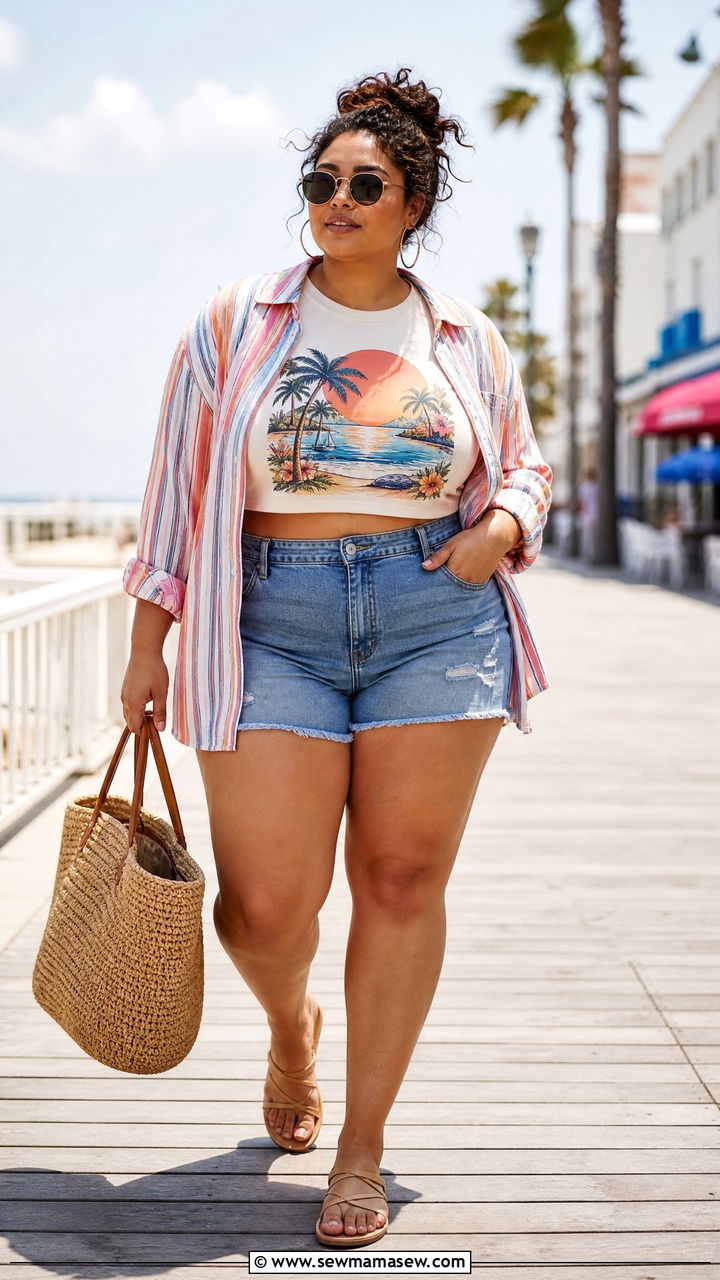 Plus Size Graphic Crop Top With Shorts - 20 plus size graphic crop top outfit ideas