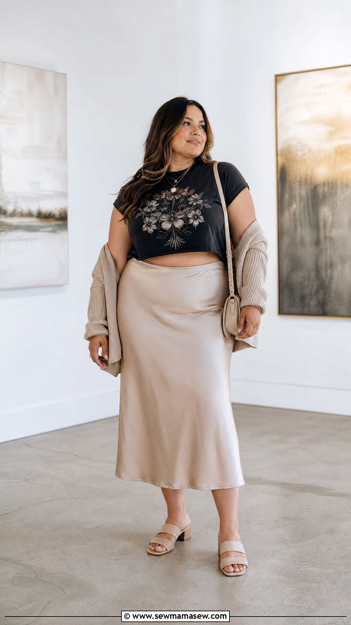 Plus Size Graphic Crop Top With Slip Skirt - 20 plus size graphic crop top outfit ideas