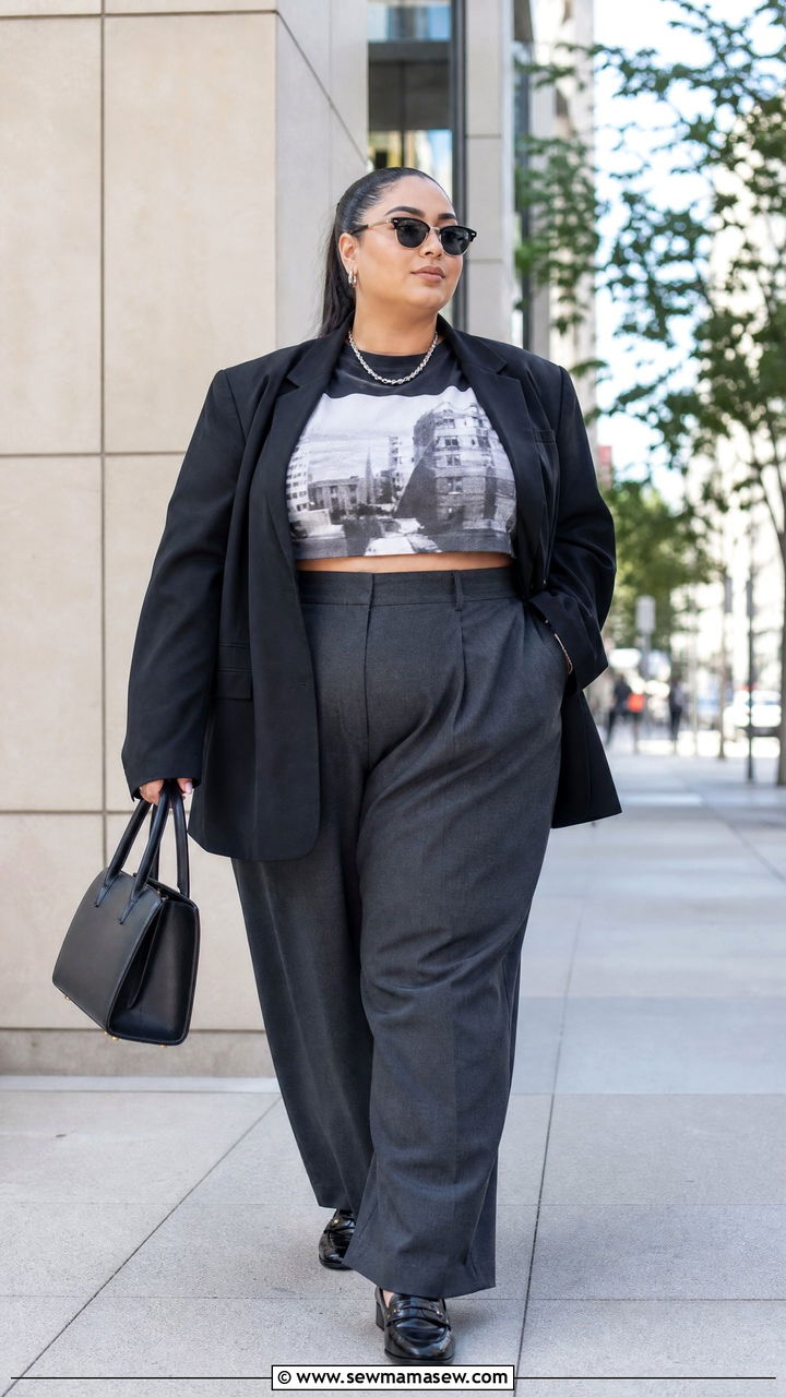 Plus Size Graphic Crop Top With Tailored Trousers - 20 plus size graphic crop top outfit ideas