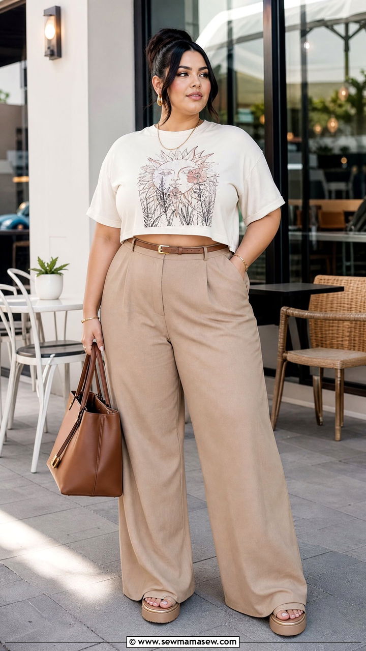 Plus Size Graphic Crop Top With Wide Leg Pants - 20 plus size graphic crop top outfit ideas