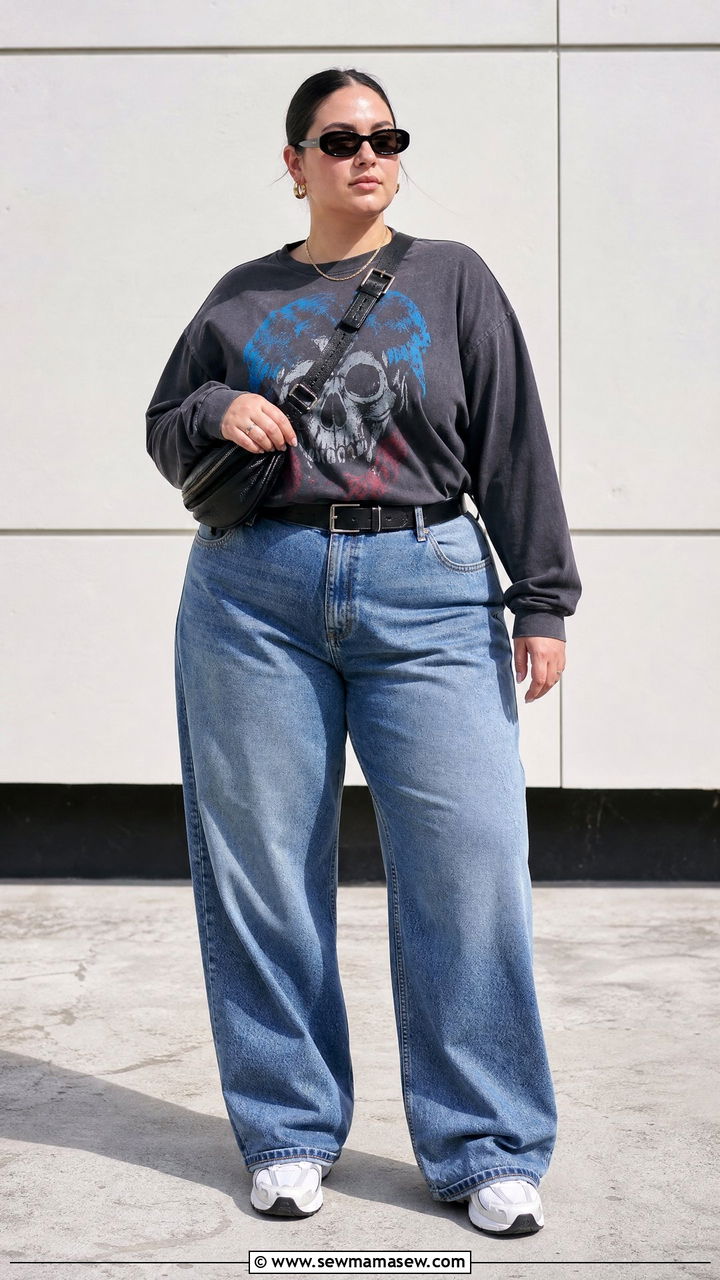 Plus Size Graphic Long Sleeve Top Outfit - 20 plus size streetwear top outfit ideas