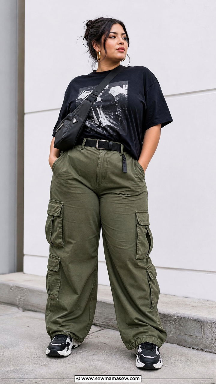 Plus Size Graphic Tee And Cargo Pants Outfit - 20 plus size edgy outfit ideas