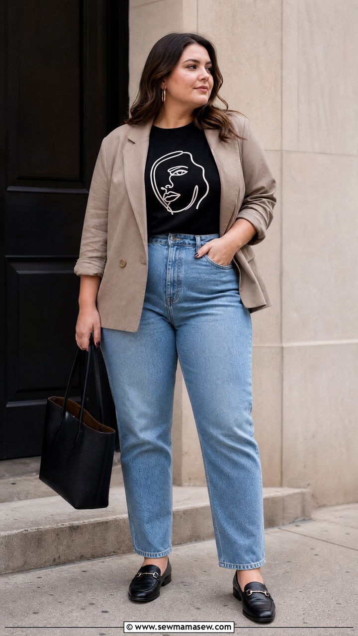 Plus Size Graphic Tee With Blazer And Jeans - 20 plus size graphic tee outfit ideas