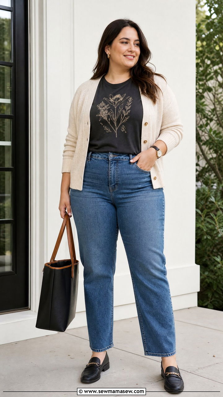 Plus Size Graphic Tee With Cardigan And Straight Jeans - 20 plus size graphic tee outfit ideas