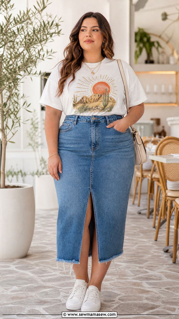Plus Size Graphic Tee With Denim Skirt - 20 plus size graphic tee outfit ideas